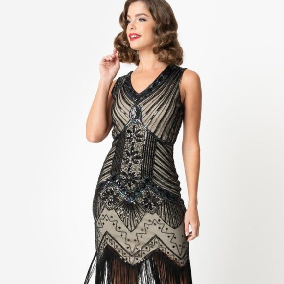 Unique Vintage Dresses & Skirts - Black and Beige 1920 Inspired Beaded Flapper Dress